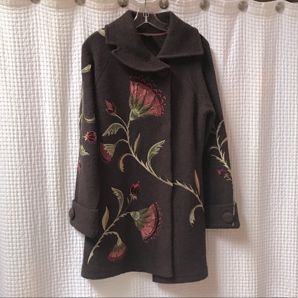 Embroidered Floral Brown Pea Coat